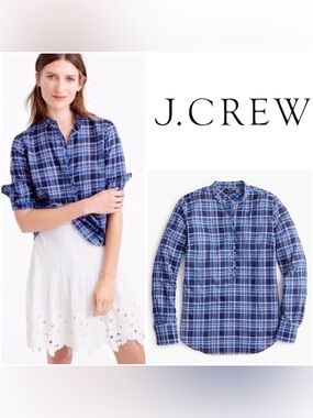 J. CREW Ruffle Popover Shirt in Ocean Plaid